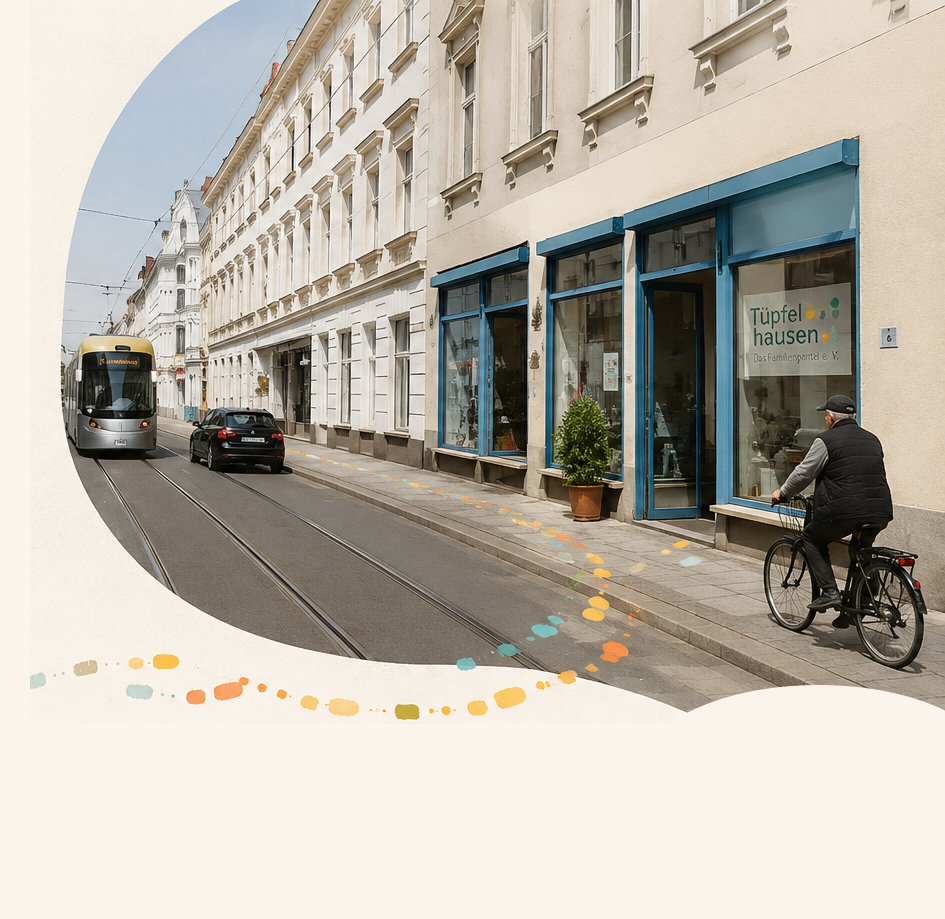 Schaufensterfront des Interkulturellen Familienzentrums Tüpfelhausen.