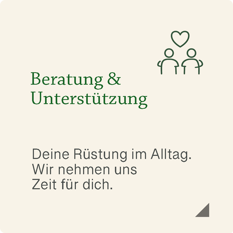 Diese cremefarbene Kachel mit dem Symbol zweier Menschen unter einem Herz führt zu den Beratungs- und Unterstützungsangeboten von Tüpfelhausen. Sie lädt dazu ein, Hilfe anzunehmen und zu erleben, dass niemand mit seinen Sorgen allein bleiben muss.