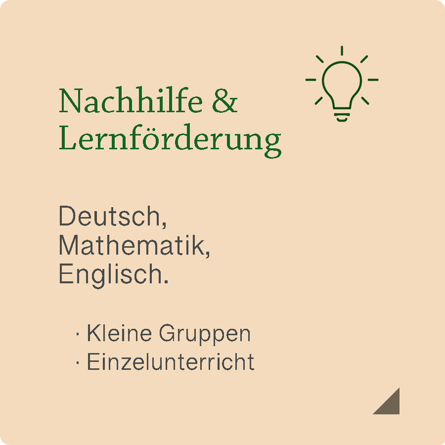 Diese apricotfarbene Kachel mit dem Symbol einer leuchtenden Glühbirne führt zur Nachhilfe und Lernförderung von Tüpfelhausen. Sie informiert über individuelle Unterstützung in Deutsch, Mathematik und Englisch – in kleinen Gruppen oder im Einzelunterricht.