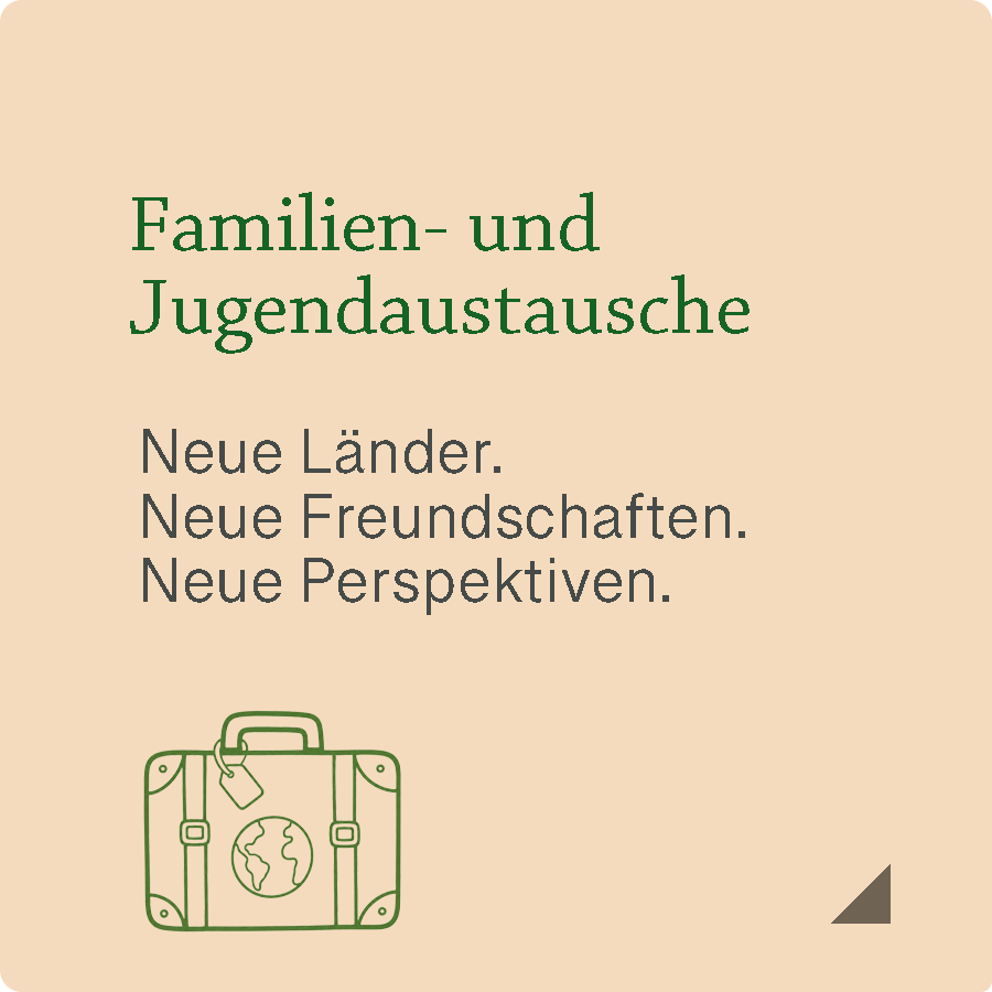 Diese apricotfarbene Kachel mit dem Symbol eines Reisekoffers führt zum Familien- und Jugendaustausch von Tüpfelhausen. Sie lädt Kinder, Jugendliche und Familien dazu ein, neue Länder zu entdecken, Freundschaften zu knüpfen und wertvolle Erfahrungen über Grenzen hinweg zu sammeln.