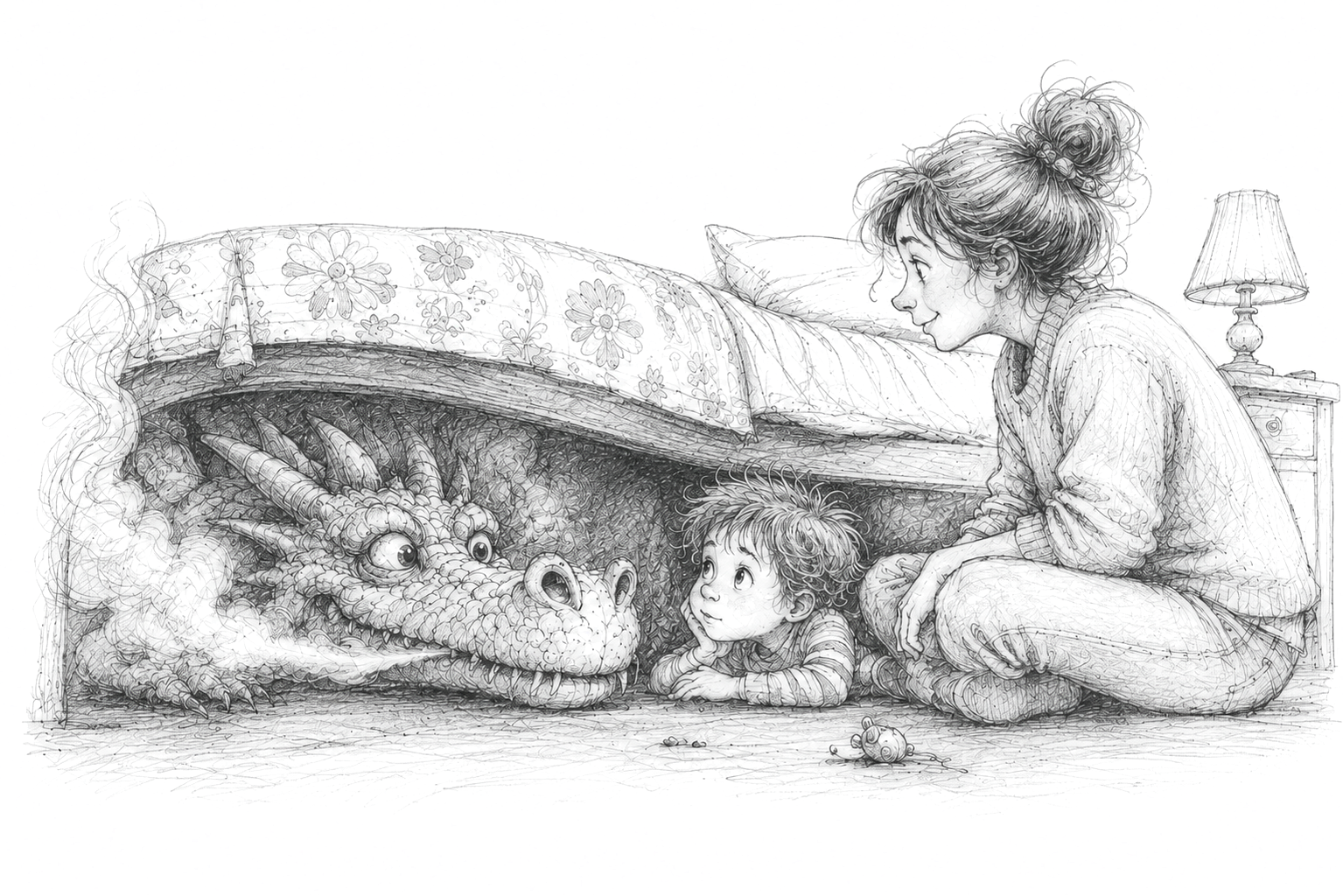 Zeichnung eines Kindes, das gemeinsam mit einer erwachsenen Bezugsperson einem Drachen unter dem Bett begegnet